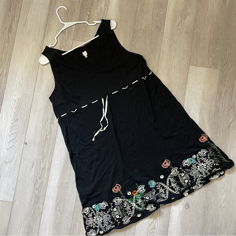 Future Paradise Linen Floral Embroidered String Waist Dress Black (Large) summer